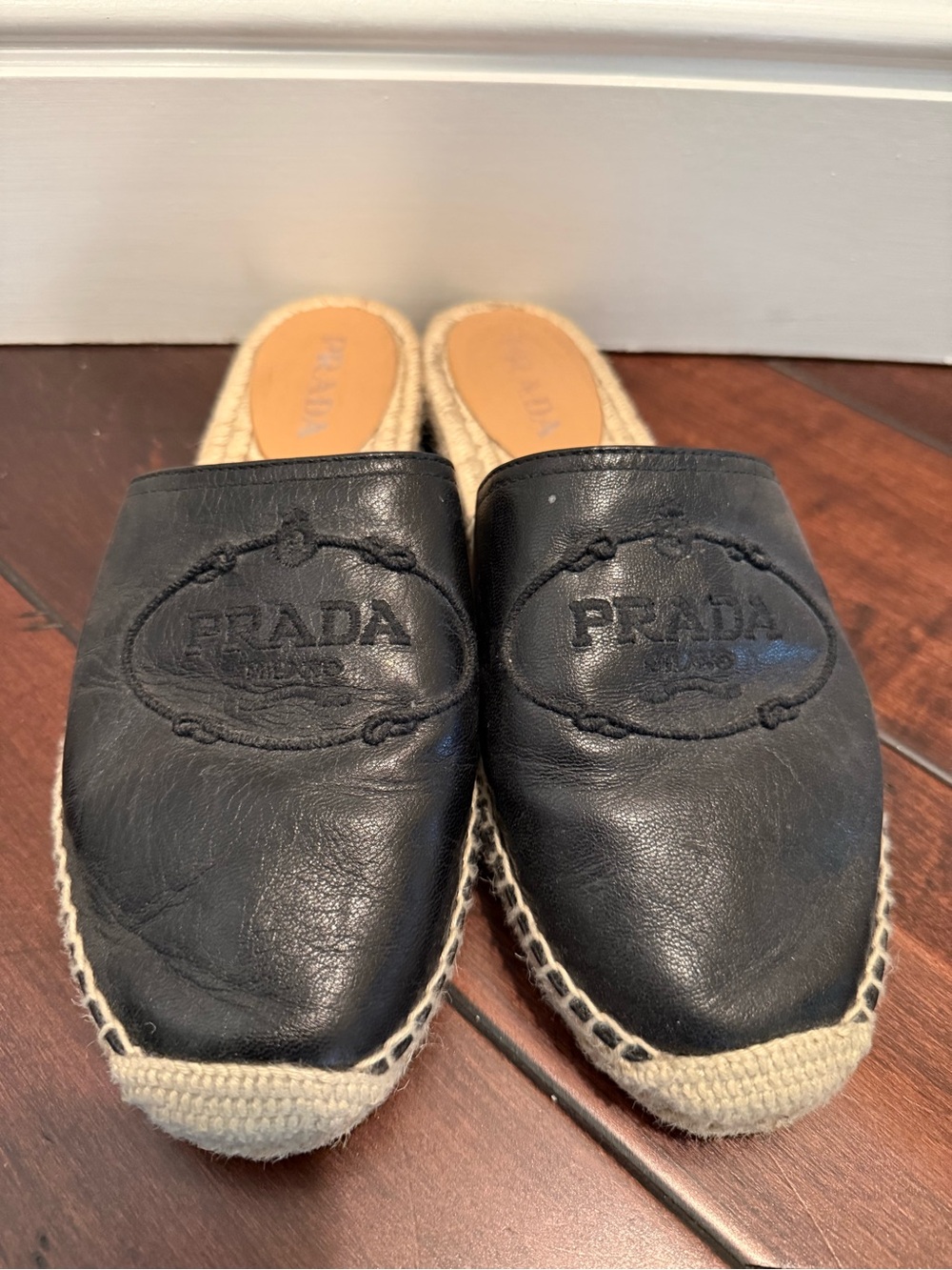 Prada Black Leather Espadrille Slip-On Mules
